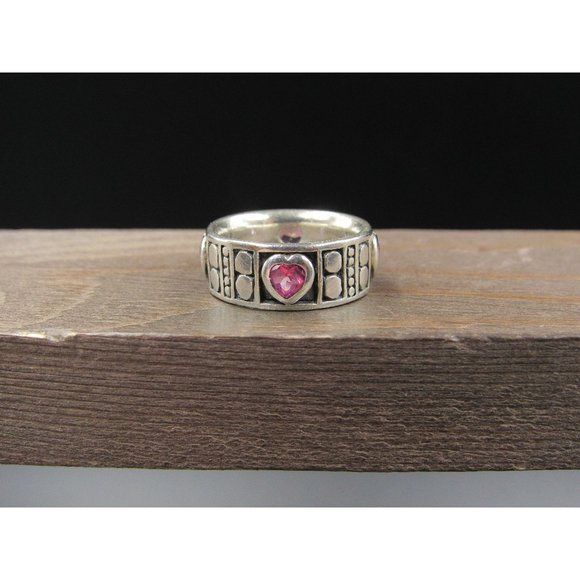 Size 6.25 Sterling Silver Pink Topaz Heart Gemstones Band Ring - Picture 1 of 8